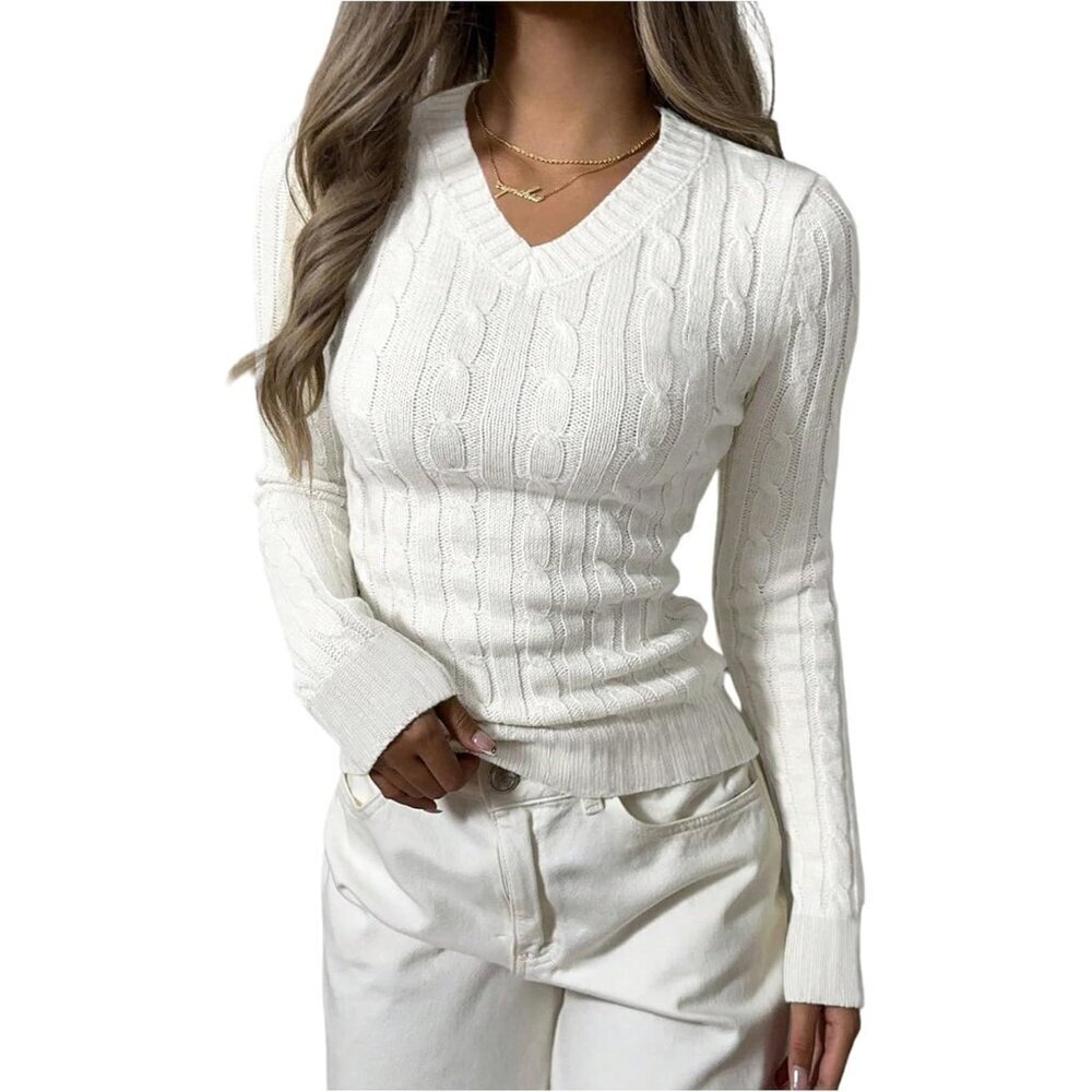 Women's Cable Knit Sweater V Neck Long Sleeve Casual Pullover Top Medium